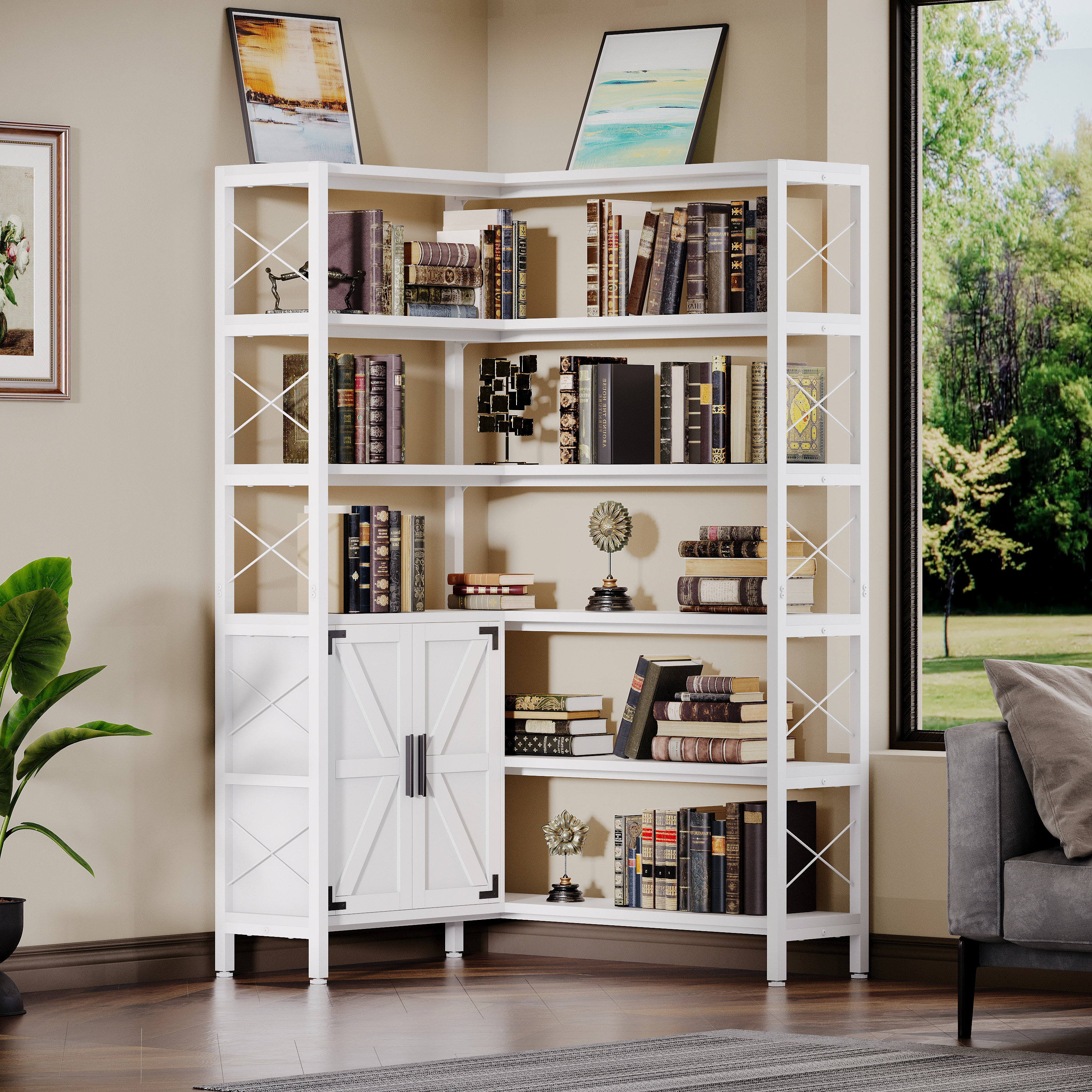Gracie Oaks 6 shelf Corner Bookshelf Vintage Industrial Corner Bookshelf Etagere Bookcase Large Book Shelf With Metal Frame Open Storage Corner Cabinet white lockers Small Reviews Wayfair